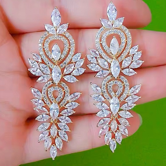 Gold Cubic Zirconia Wedding Earrings, Bridal, Dangle, Anniversary - Picture 1 of 5